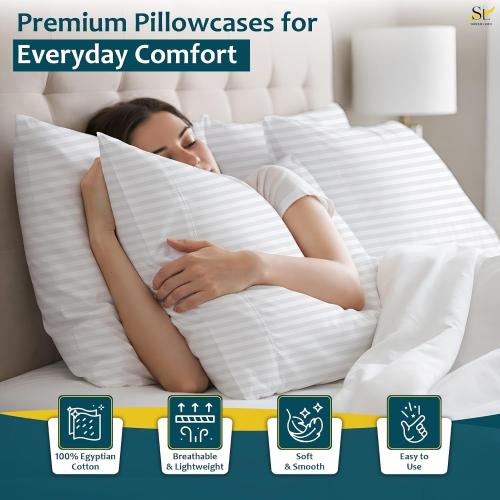 Pillow Cases - Set of 2, White Stripe (24 X 16) - Pillow Covers Made of 100% Cotton - 300 Thread Count Super Soft and Breathable Sateen Weave Pillowcases.