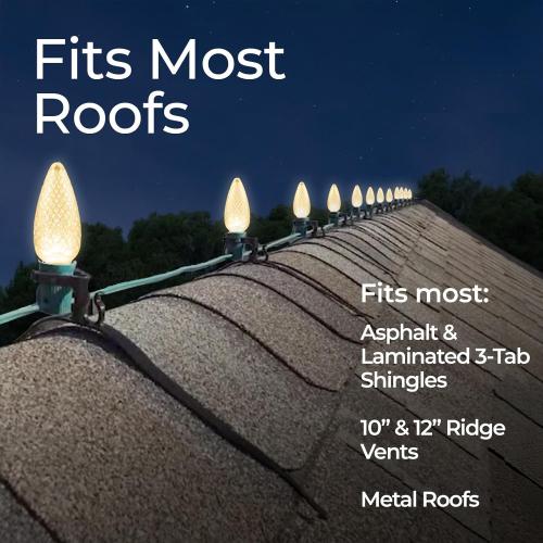 Easy Universal Roof Top Ridge Line Christmas Light Mounting Clips for C6, C7, C9, Rope Lights & More - 25 Pack - 10, 12, 13 Shingles - Outdoor Use
