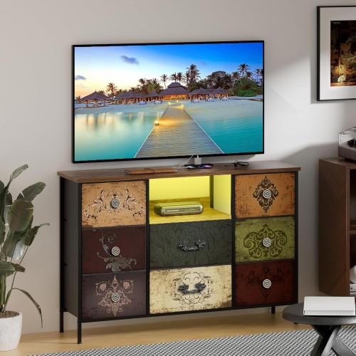VASICAR Pattern Dresser with LED Lights and Power Outlets, Dresser TV Stand with 8 Drawers for 55 TV, Fabric Chest of Drawers for Bedroom, Living Room, Entryway