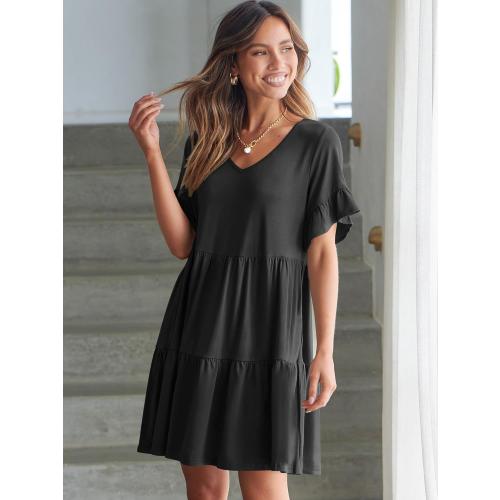 Size S ANRABESS Dresses for Women Summer 2026 V Neck Ruffle Sleeve A Line Tiered Flowy Casual Trendy Mini Beach Dress with Pockets