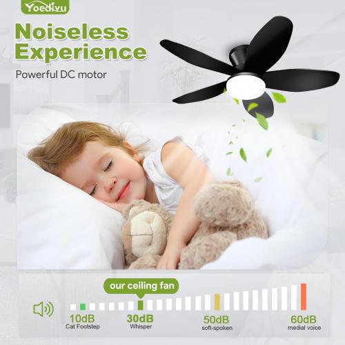 Ceiling Fans with Lights - 35 Inch Small Low Profile Ceiling Fan and Remote,Flush Mount Ceiling Fan with 5 Reversible Blades 6 Wind Speeds, Black Modern Ceiling Fans for Bedroom Kitchen