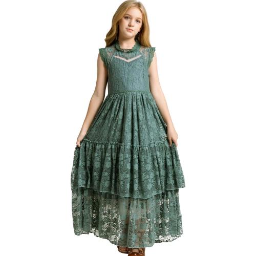 Green Size 4 BIBIHOU Girls Kids Lace Back Full-Length Backless Tulle Party Holiday Formal Flower Girl Dress