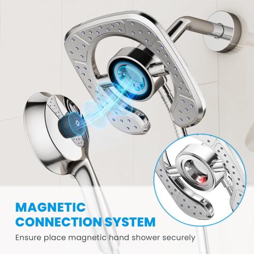 High Pressure Shower Heads, 7.2Inch 2 in 1 Rainfall Shower head & Handheld Showers with Magnetic Docking System, Ten-Function Handheld Shower Head with 59 Rotatable Stainless Steel Hose (Chrome)