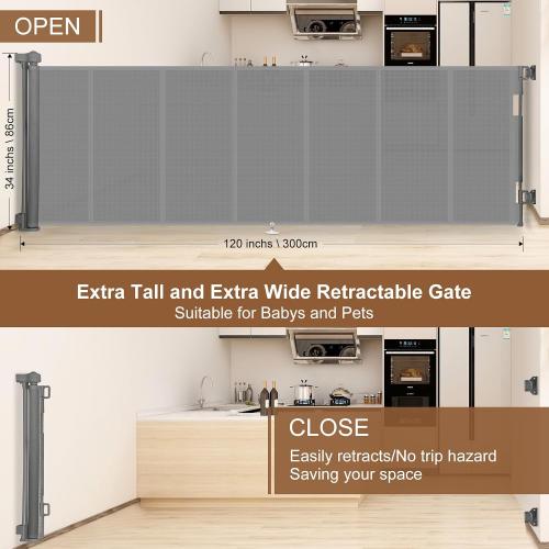 Upgraded 120 inch Retractable Baby Gates Extra Wide with Reinforced Strip Design to Prevent Crawling Through, 10 Foot Retractable Dog Gate, 34 Tall, Retractable Gate for Indoor/Outdoor