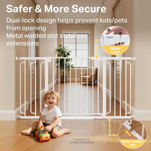 Cumbor 36.6-59 Extra Wide Baby Gate for Stairs, Pressure Mounted Dog Gate for Doorways, Auto-Close Easy Walk Through Safety Child Gate for Kids Toddler, Tall Pet Gates Indoor, White