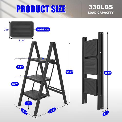 3 Step Ladder,Folding Step Stool with Wide Anti-Slip Pedal,Step Ladder for Adults,330lbs Capacity Step Stool for Home,Kitchen