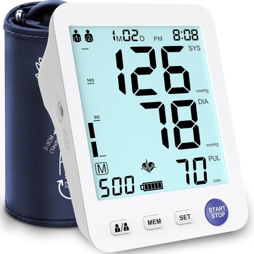 ADKING Upper Arm Blood Pressure Monitor Home Use LCD Backlit Screen,Large Cuff,2 User Mode 500 Memories,Two Power Options,4xAAA Batteries (Light Blue)