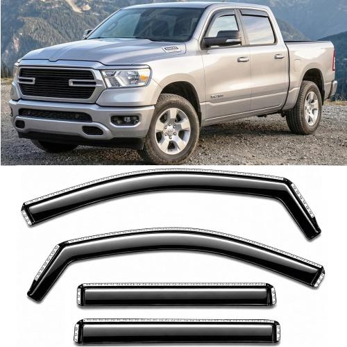 2019-2026 in-Channel Rain Guards for Dodge Ram 1500 Side Window Visor Deflectors Crew Cab Only Tinted Vent Shade Protectors 2020 2021 2022 2023 2024 2025
