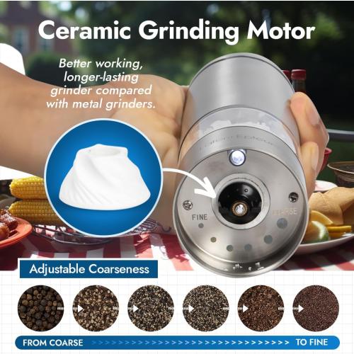 Electric Salt & Pepper Grinder Set – Battery Operated Stainless-Steel Mills & Shakers with Light, Adjustable Ceramic Grinders & Acrylic Rest Tray