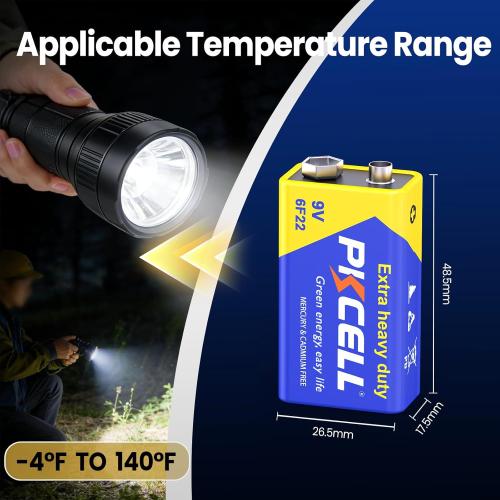 PKCELL 9V Batteries, 10 Pack 9 Volt Batteries Carbon Zinc, 9V Battery for Smoke Detector, Alarms, 6F22 Square Battery