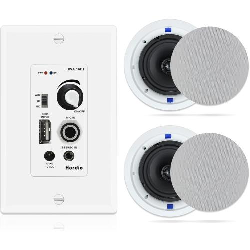 Herdio 6.5 Inch Bluetooth Ceiling Speakers 320W 2-Way Flush Mount in Wall Amplifier Receiver Suitable for Home Theater Bathroom Living Room Kitchen Office (White, Pair)