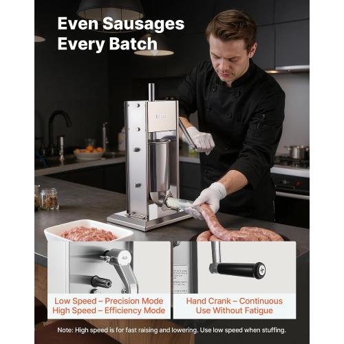 VEVOR Manual Sausage Stuffer, 7 LBS / 3 L Vertical Meat Stuffer, Heavy Duty Sausage Casing Meat Stuffing Machine, Dual-Speed Stainless Steel Filler with 5 Filling Tubes, for Commercial and Home Use ‼️used could be missing or broken parts ‼️