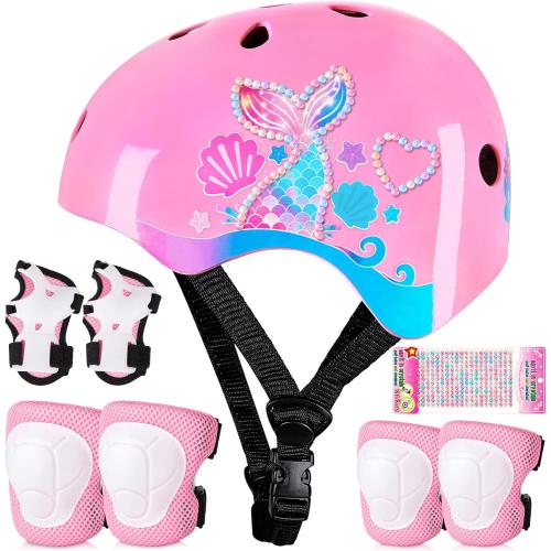 Toddler Bike Helmet Kids Helmet Knee Pads and Elbow Pads Set Adjustable Protective Gear Set with DIY Stickers for Girls Age 3-5-8 Years