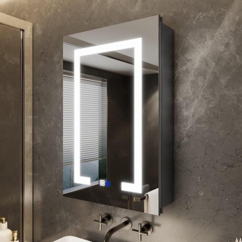 16 x 24 LED Lighted Bathroom Medicine Cabinet with Mirror, Recessed or Surface Mounted led Medicine Cabinet, Black Frame,Defog,Stepless Dimming,Adjustable Shelves,USB Port,Left Hinge