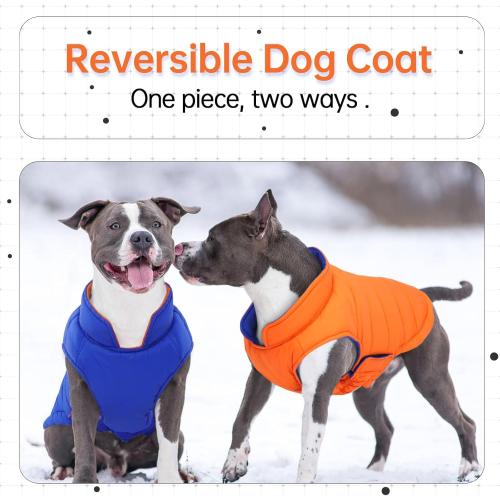 Lelepet Reversible Large Dog Coat Waterproof Dog Jacket Windproof Puffer Vest for Winter Warm Lightweight Coats for Medium Dogs Adjustbale Hook & Loop Pet Apparel with Leash Hole, French Bulldog, Orange, L