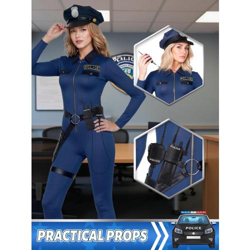 Women Large Police Costume,Cop Costume Outfit for Adult Police Officer Romper Costume Halloween Cosplay Party Events