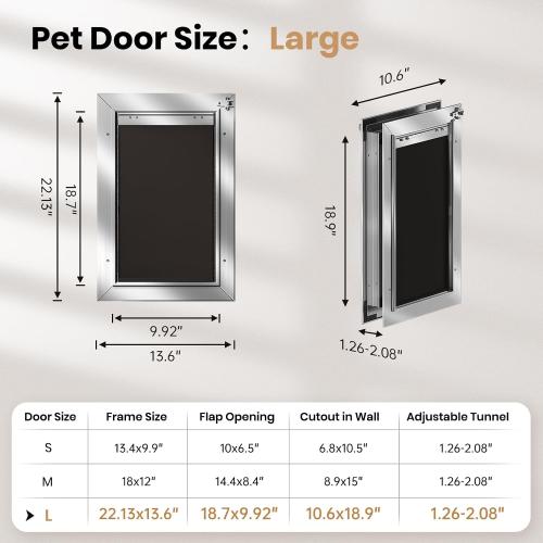 All Aluminum Dog Door, Rust Proof Heavy Duty Large Dog Door for Exterior Doors, Doggy Door with 2 Magnetic Flaps, Energy Efficient, Closing Panel, Pet Door for Pets Up to 110Lb