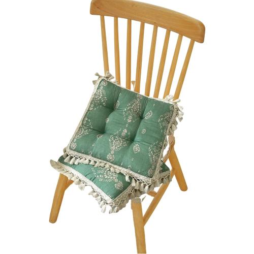 Set of 2 Floral Printed Chair Pads with Tassels Cotton Linen Square Chair Cushions 17x17x3 Inch Seat Cushion for Living Room Kitchen and Officewooden Chair (Green,17x17)
