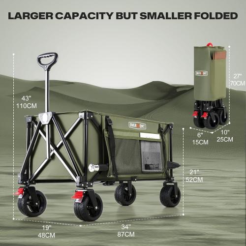 Color Green Overmont Collapsible Wagon Cart with Wheels - 180L Foldable Heavy Duty Wagon with Big All-Terrain Wheels - 330Lbs Weight Capacity with Side Pockets for Camping Sports Garden Grocery Shopping Green