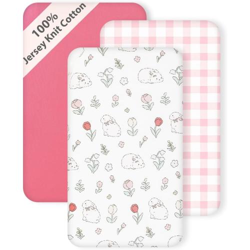 3 Pack Cotton Bassinet Sheets - 35x21 for HARPPA, Larex 3 in 1, Besrey, Miclassic and Bellababy Baby Bassinet, Ultra Soft & Skin Friendly Bassinet Fitted Sheets, Pink Flower
