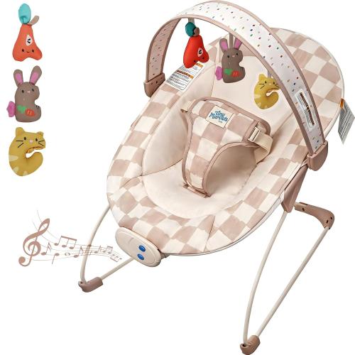 Tiny Marvels Baby Bouncer, Baby Bouncer Seat with Music for 0-6M, 20lbs | Soothing vibration, sensory toys, 3-point safety harness, machine washable seat, melodies 0–6 months, baby boy
