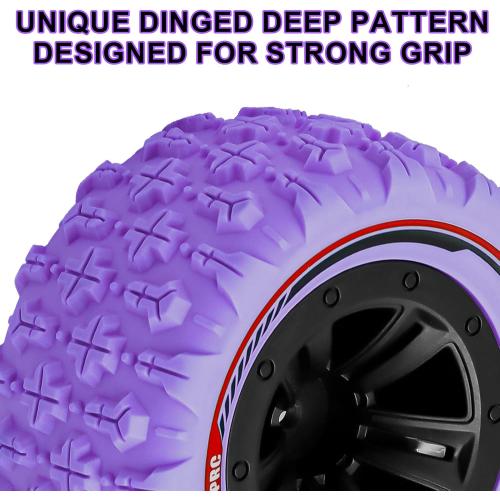 GOUPRC 12mm Hex RC Wheel Tires Set, 3.26 * 1.67 Inches 4PCS Swamp Claw Mud Terrain Tires Accessories for 1/14 1/16 RC Car Crawler Buggy Truck Purple