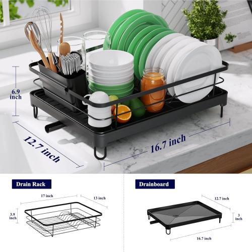 Kitsure Dish Drying Rack for Kitchen Counter, Stainless Steel Sink Organization and Storage Essentials with Cutlery Holder, Home and Appartment Decor, 12.7''W x 16.7''L, Black