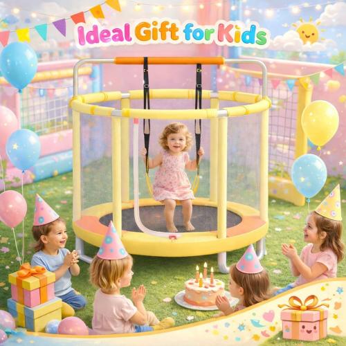 55 Trampoline for Kids with Enclosure, 4-in-1 Toddler Trampoline Indoor Outdoor, 440lbs Capacity Upgrade Trampolines with Adjustable Gymnastics Bar & Toys, for Boys & Girls, Easy to Assemble