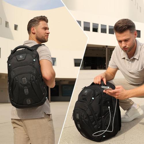 Swissdigital Design Tech Compact Slim Business Backpack for Men with Apple Find My, USB Charging Port, RFID Protection, TSA Friendly, Limited Fit for Thin 17 Inch Laptop, Black | SD1644FB-01