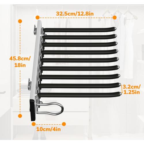 9 Arms Pull Out Pants Rack,Retractable Pull Out Trousers Rack Pull Out Trouser Hangers Pull Out Pants Hangers Space Saving (Black, Left Side Installation)