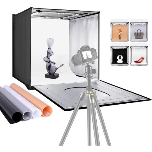 NEEWER Photo Studio Light Box, 16 x 16 Shooting Light Tent with Adjustable Brightness, Foldable and Portable Tabletop Photography Lighting Kit with 80 LED Lights and 4 Colors Backdrops