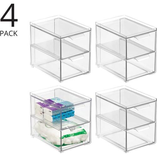 mDesign Stackable Storage Containers Box with 2 Pull-Out Drawers - Stacking Plastic Drawer Bins for Master or Guest Bathroom, Linen Closet, Vanity, Makeup Table Lumiere Collection 4 Pack, Clear