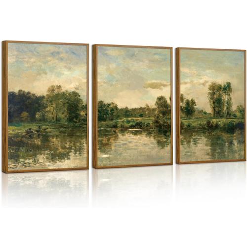 Tinonedraw Vintage Landscape Framed Canvas Wall Art Set of 3, French Country Art Prints, Nature Green Trees and Lake Art Paintings, Rustic Aesthetic Wall Decor for Living Room Bedroom Office 16x24x3