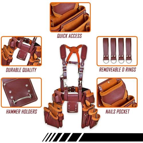 Leather PRO-19 100% Genuine Full Grain Leather Tool Belt/Pouch/Bag, Tool Belt with Suspenders, Comfort Back Support Tool Pouches with Suspenders for Construction,Framers, (Maroon)
