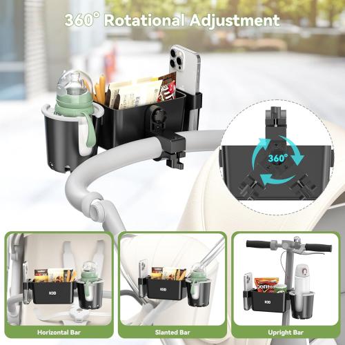 KDD Stroller Cup Holder with Snack Tray, 3-in-1 Universal Stroller Tray with Phone Holder, Removable Drink Holder, 360 Rotation Tray Attachment for Uppababy, Nuna, Wheelchair, Bike, Walker, Scooter