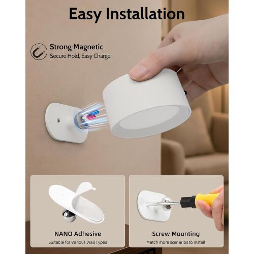 LED Wall Mounted Lights, Rechargeable Wall Sconces, 3 Color Temps, Remote & Touch, 360° Rotating and Dimmable for Bedroom, Bedside & Reading (White, 2 Pack)
