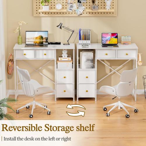 White 33.5Inch Small Computer Desk with 4 Fabric Drawers, Simple Writing Desk for Home Office, Compact Study Desks for Small Spaces, Kids Desk Study for Bedroom, White