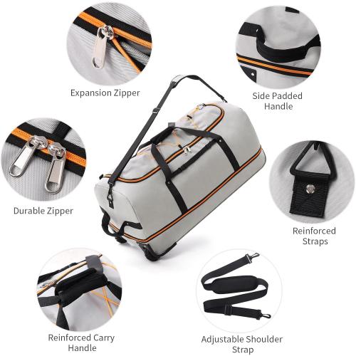 32” Soft Sided Foldable Duffel Bag without Telescopic Handle,110L 140L Expandable Rolling Travel Bag with 2 Wheels,Multiple Compartments,Grey