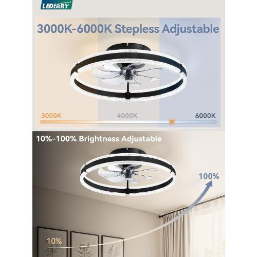 LEDIARY Ceiling Fans with Lights and Remote, 20'' Low Profile Ceiling Fan with Light, 3000-6000K Dimmable Fandelier Ceiling Fans, Modern Flush Mount Fan Light for Bedroom with 6 Wind Speeds- Black