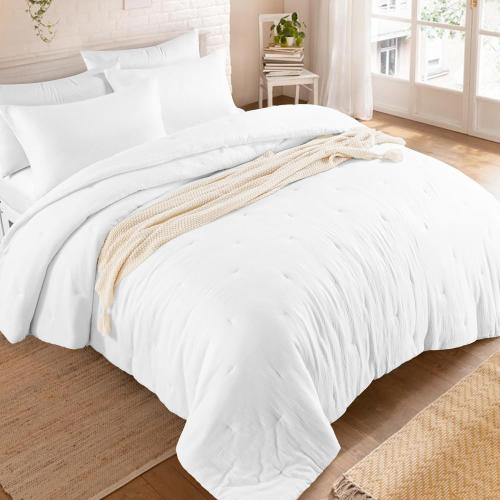 HOMBYS 100% Cotton Muslin Comforter Oversized King 120x120, Lightweight and Breathable Down Alternative Comforter,Soft Gauze Summer Pure White Reversible Fluffy Duvet Insert