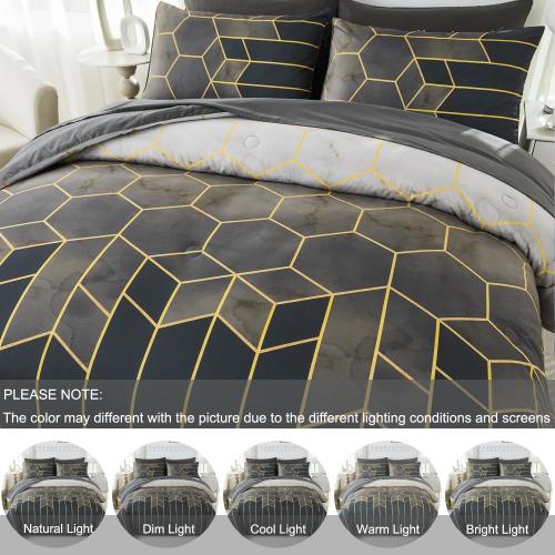 Queen Size Comforter Sets 7 Pieces Grey and Gold Striped Bedding Set Geometric Bed in A Bag