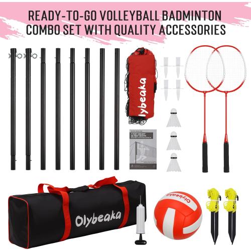 RED AND BLACK 20ft Outdoor Volleyball & Badminton Combo Net Set for Backyard Beach with Adjustable Poles, Durable Anti-Sag Net, PU Volleyball, 2 Aluminum Rackets