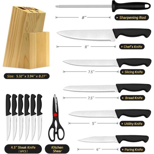 Knife Set, 14-Piece Kitchen Knife Set, German High Carbon Stainless Steel, Durable Knife Block, Black