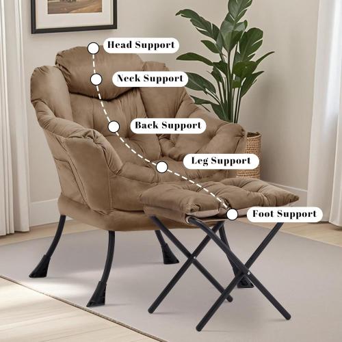 Lazy Chair with Ottoman, Comfy Reading Chair, Brown | Cushioned Seat with Foldable Ottoman and Side Pocket, Lounge Chair for Bedroom, Living Room, Dorm and Small Spaces