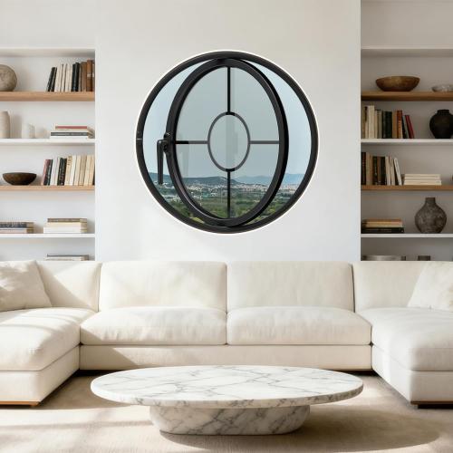 Rotating Round Porthole Window, 27.6, Black | Transparent Tempered Glass, Iron Frame, Center-Pivot with Handle, Decor Ventilation, Indoor Outdoor Use