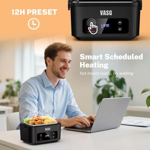 VASG 2026 Upgraded Cordless Heated Lunch Box for Adults, XXL 5.1-Cup Electric Lunch Box with 360° Surround Rapid Heating, 12000mAh Portable Food Warmer with Timer, LCD Display for Office & Car