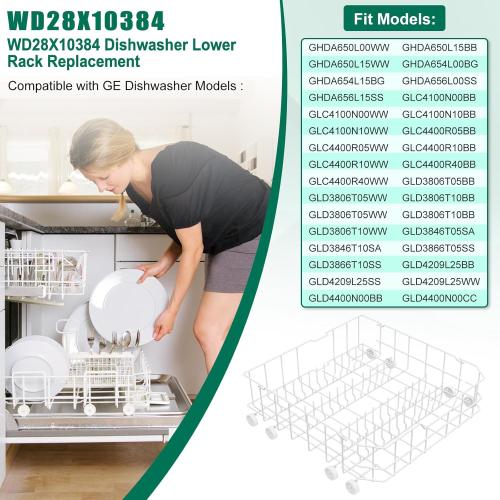 Upgraded WD28X10384 Dishwasher Lower Rack Replacement Compatible with GE Dishwasher Bottom Rack GLD4500V00CC, GLC4400R40BB, GLD5660V00SS with WD35X21038 Wheels