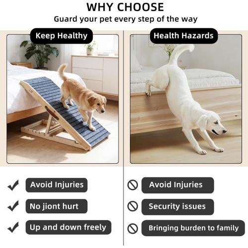 ZJSF Foldable Wooden Dog Ramp for High Bed, Dog Stairs for Small Dogs, High Traction Platform with 6 Adjustable Heights (14-28), 48 L, Supports up to 200 lbs