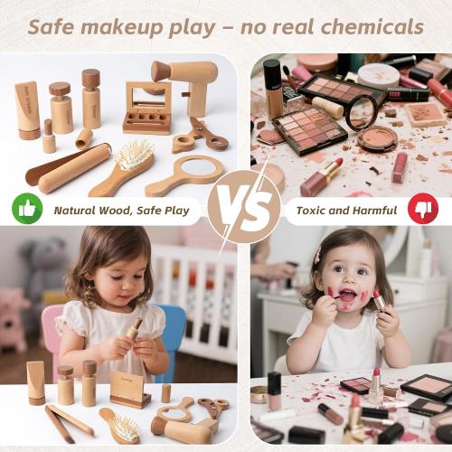 11-Piece Wooden Makeup Toy Set for Girls, Pretend Play Makeup Kit for Toddlers & Kids with Mirror, Lipstick, Hair Straightener & Storage Bag, Christmas Birthday Present for Ages 3-6 Years Old