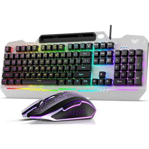 AULA Keyboard, T102 104 Keys Gaming Keyboard and Mouse Combo with RGB Backlit Number Pad, All-Metal Panel Waterproof Light Up PC Keyboard,USB Wired Computer Keyboards Gaming for Win XP/7/8/10 PC Gamer